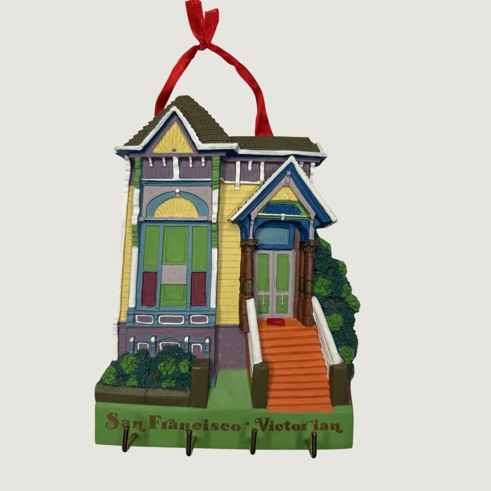 Vintage San Francisco Victorian House Wall Key Holder 4 Hooks Painted Resin